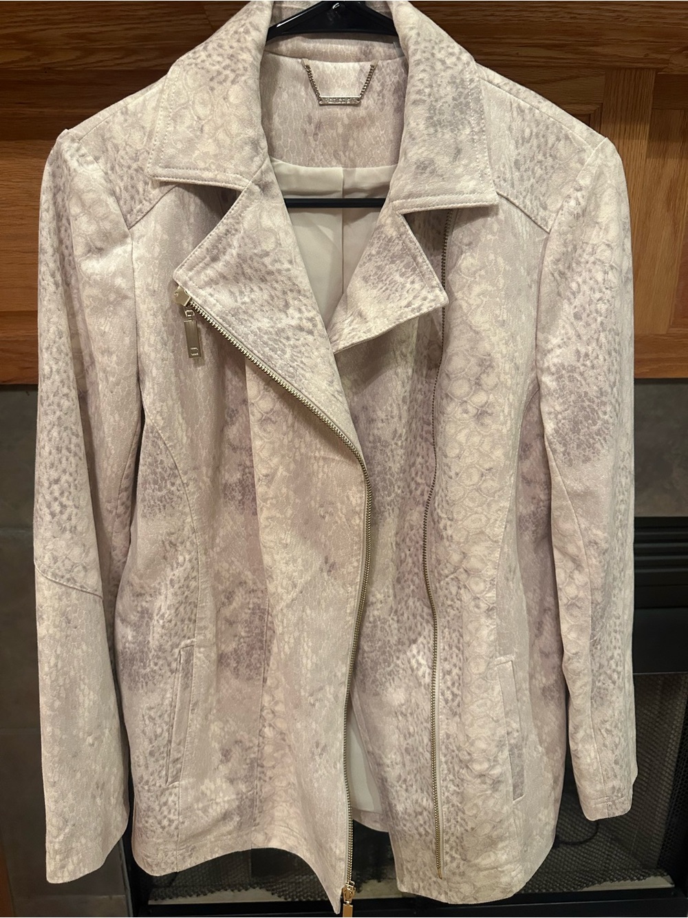 Chico's Light Taupe Snake-Print Suede Jacket With Gold Zipper